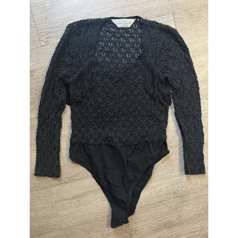 Vintage 80s Fringe Lilia Guilty Silver Black Lace Bodysuit w/ Fringe Cowgirl Wes